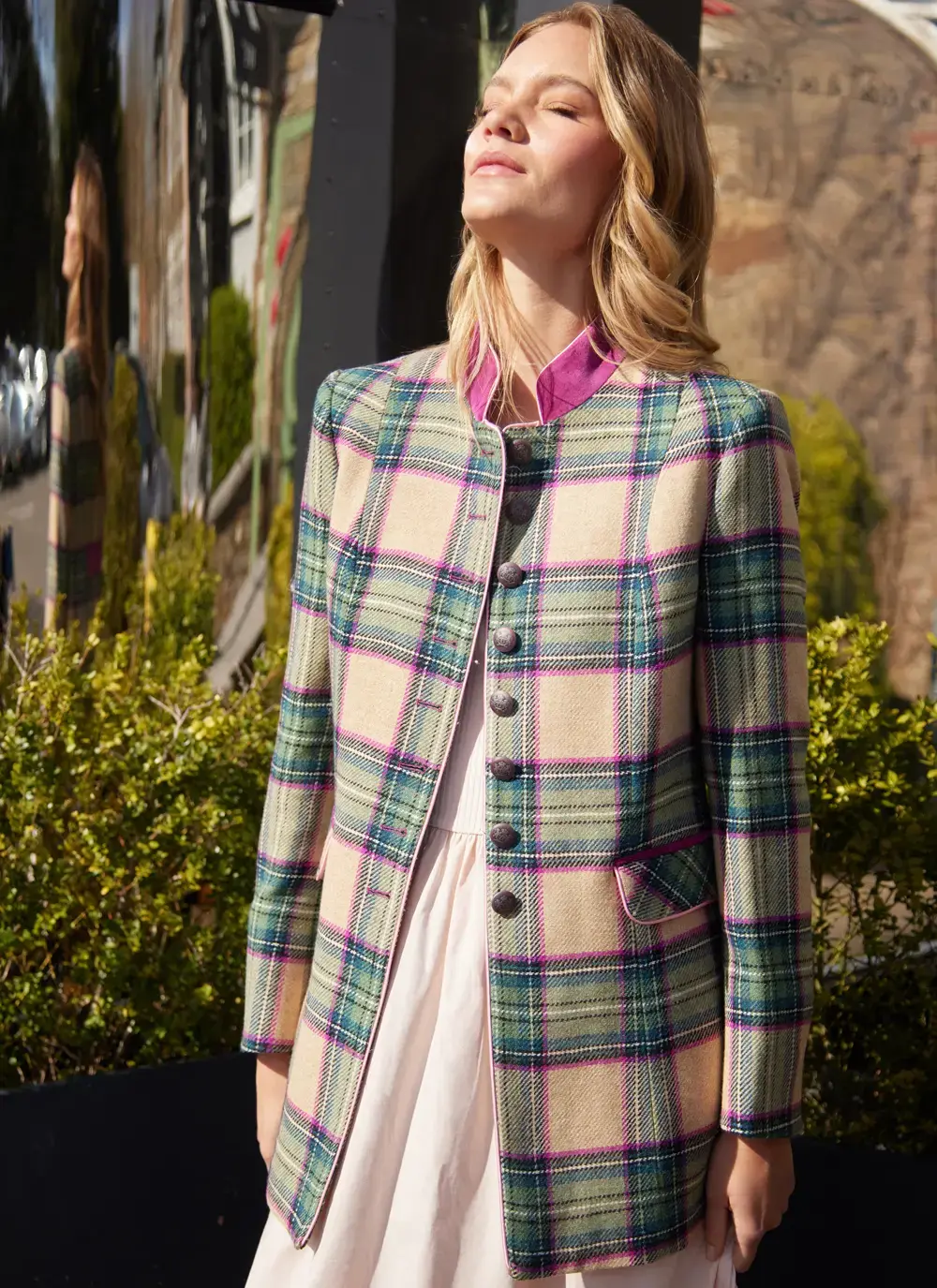 Ocante Tweed Coat Mid-Length Coat in Green/Pink Check